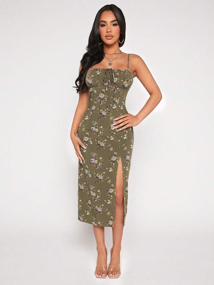 SHEIN PETITE Đầm Tách cao Thắt nơ trước Nếp gấp Phần Ngực Hoa Tất cả trên in Boho - xanh quân đội - Xem 1