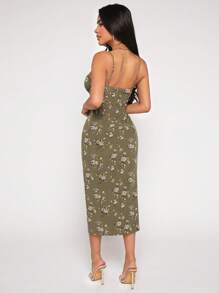 SHEIN PETITE Đầm Tách cao Thắt nơ trước Nếp gấp Phần Ngực Hoa Tất cả trên in Boho - xanh quân đội - Xem 2