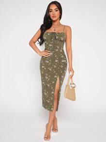 SHEIN PETITE Đầm Tách cao Thắt nơ trước Nếp gấp Phần Ngực Hoa Tất cả trên in Boho - xanh quân đội - Xem 3