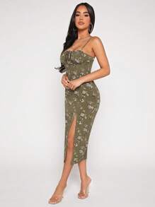 SHEIN PETITE Đầm Tách cao Thắt nơ trước Nếp gấp Phần Ngực Hoa Tất cả trên in Boho - xanh quân đội - Xem 4