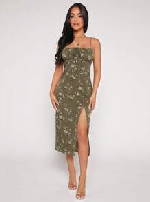 SHEIN PETITE Đầm Tách cao Thắt nơ trước Nếp gấp Phần Ngực Hoa Tất cả trên in Boho - xanh quân đội - Xem 5