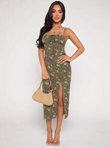 SHEIN PETITE Đầm Tách cao Thắt nơ trước Nếp gấp Phần Ngực Hoa Tất cả trên in Boho - xanh quân đội - Xem 6