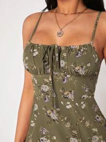 SHEIN PETITE Đầm Tách cao Thắt nơ trước Nếp gấp Phần Ngực Hoa Tất cả trên in Boho - xanh quân đội - Xem 7