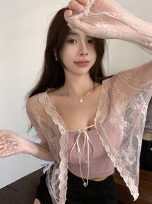 DAZY Solid Tie Front Lace Trim Blouse Without Cami,Fall Women Clothes Long Sleeve Top