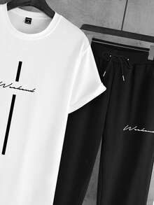 Manfinity Homme 男士棉字母圖案T恤和運動褲套裝 - 黑與白 - 查看 4