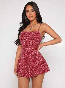 SHEIN PETITE Ditsy Floral Print Cami Romper - Red - View 4