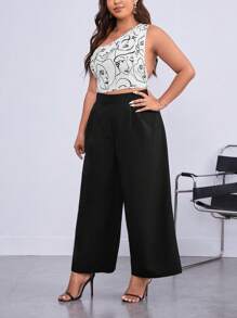 SHEIN Privé Plus Figure Graphic One Shoulder Top & Wide Leg Trousers - Black and White - View 4