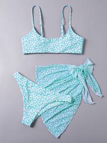 Allover Print Bikini Set For Summer With Beach Skirt Matching Set - Blue and White - View 5