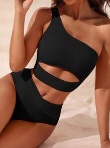 SHEIN Swim Summer Beach Cut Out One Shoulder Bikini Set - Black - View 1
