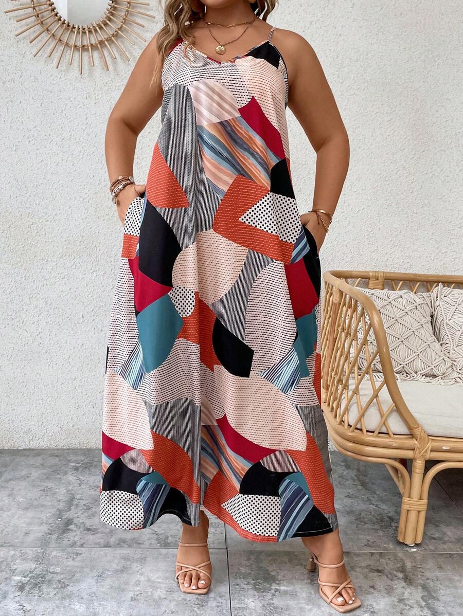 EMERY ROSE Plus Geo Print Hidden Pocket Cami Dress - Multicolor - View 1