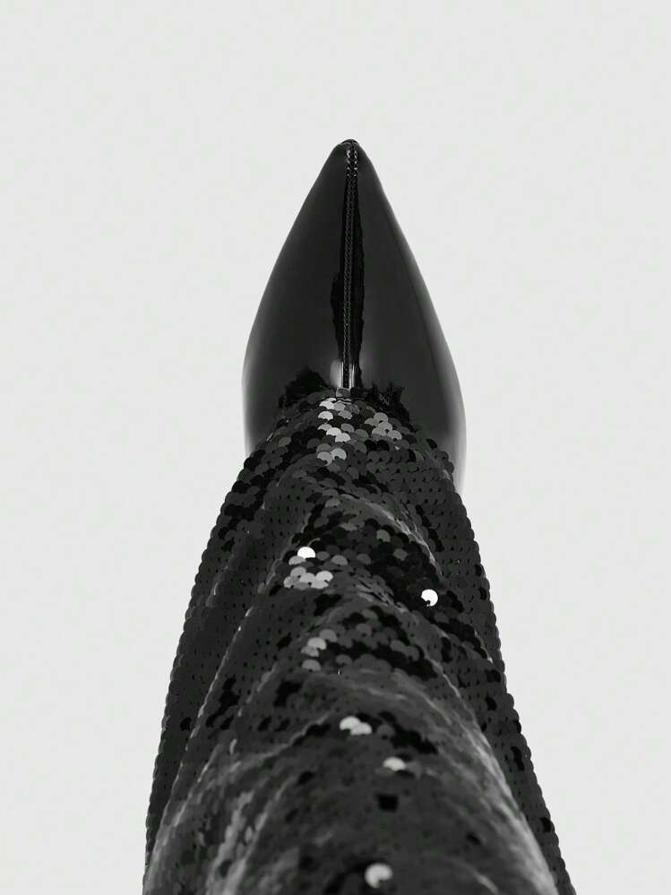 รองเท้าผู้หญิงแต่งด้วยลูกปัดประกายเงา ปลายแหลม ส้นสูง เซ็กซี่ หนังเทียมสีดำแบบคลาสสิก บูตสำหรับวันวาเลนไทน์ - สีดำ - ดู 6