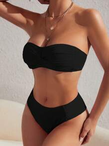 SHEIN Swim Summer Beach Twist Front Bandeau Bikini Set - Black - View 3