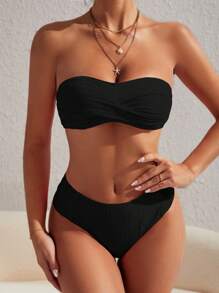 SHEIN Swim Summer Beach Twist Front Bandeau Bikini Set - Black - View 4