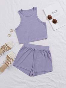 SHEIN Essnce Bộ đồ hai mảnh nữ Gân đan màu trơn Giải trí - Màu tím hoa cà - Xem 1