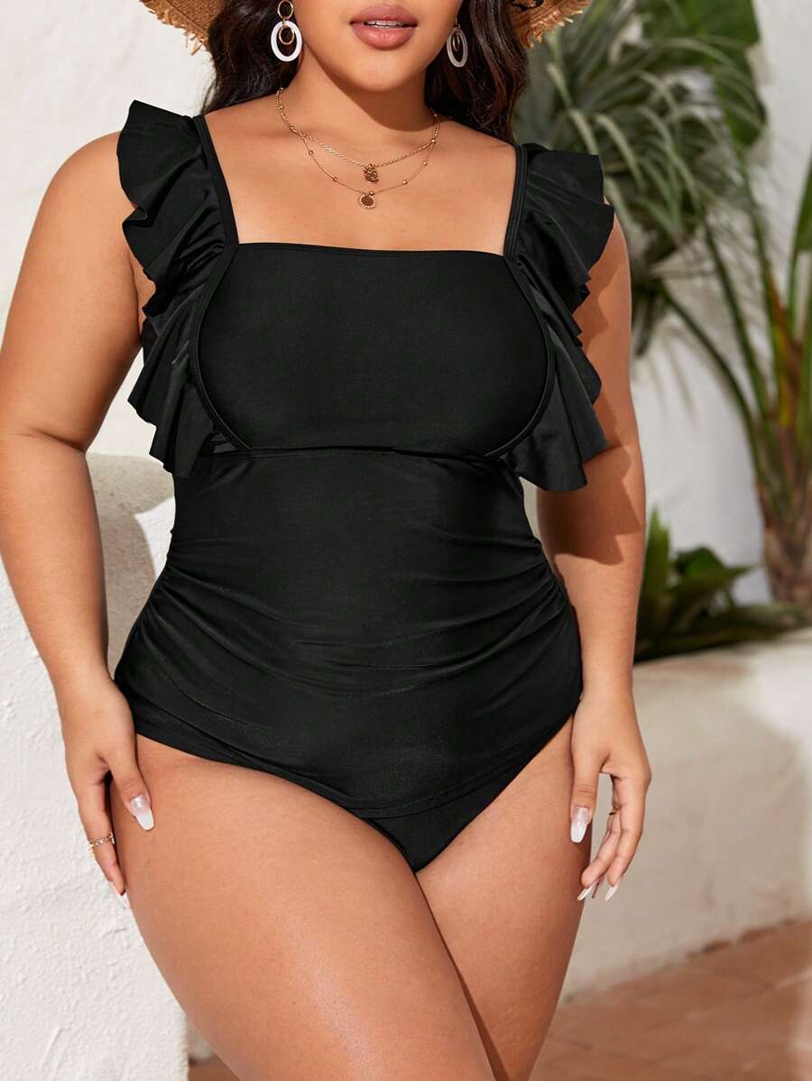 SHEIN Swim Curve 大码荷叶边褶饰分体泳衣夏季海滩 - 黑色 - 查看 1