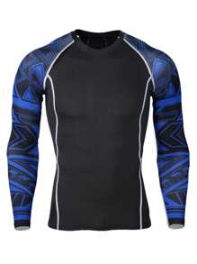 Fitness Conjunto deportivo para hombres con mangas raglán, detalle de costuras y estampado geométrico, traje atlético para entrenamiento y gimnasio