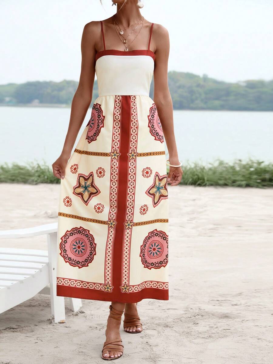 SHEIN VCAY Đầm Dải chun Cắt ra Bộ lạc Họa tiết khăn Boho - Nhiều màu - Xem 1