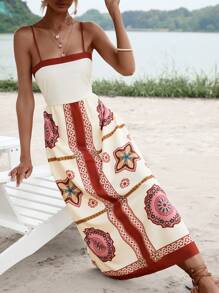 SHEIN VCAY Đầm Dải chun Cắt ra Bộ lạc Họa tiết khăn Boho - Nhiều màu - Xem 7