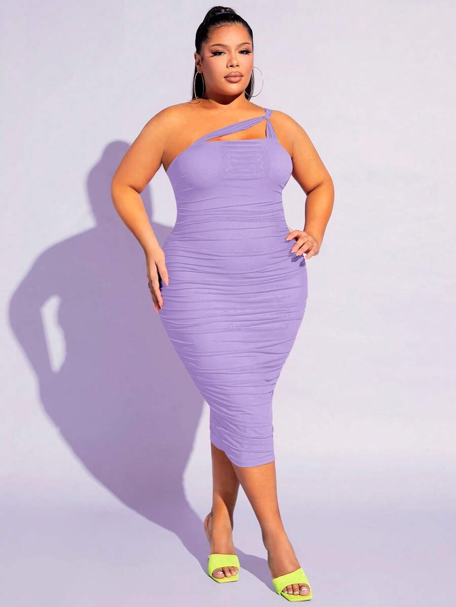 SHEIN SXY Plus One Shoulder Ruched Mesh Bodycon Dress - Lilac Purple - View 1