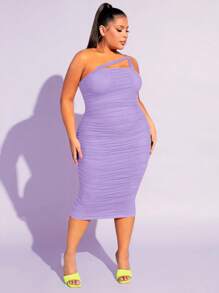 SHEIN SXY Plus One Shoulder Ruched Mesh Bodycon Dress - Lilac Purple - View 6