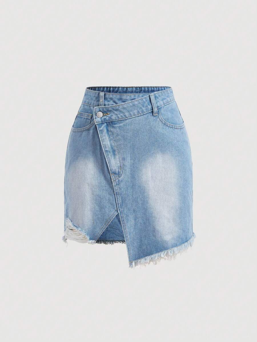 SHEIN MOD 毛邊不對稱牛仔半身裙 - 淺色水洗藍 - 查看 1