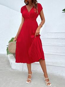 Chiquease Solid Pleated A-line Dress - Red - View 1