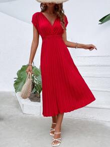 Chiquease Solid Pleated A-line Dress - Red - View 6