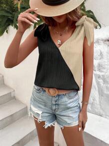 Breezaya 雙色肩上打結襯衫 - 黑色 - 查看 5