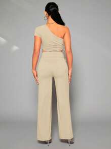 SHEIN SXY Bộ đồ hai mảnh nữ Dây kéo Xù màu trơn Giải trí - Màu Khaki - Xem 2
