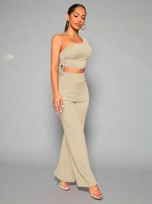 SHEIN SXY Bộ đồ hai mảnh nữ Dây kéo Xù màu trơn Giải trí - Màu Khaki - Xem 3