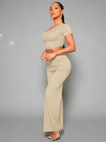 SHEIN SXY Bộ đồ hai mảnh nữ Dây kéo Xù màu trơn Giải trí - Màu Khaki - Xem 4