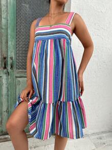 SHEIN Maternidad Vestido de tirantes con estampado de rayas bajo con fruncido - Multicolor - Ver 4
