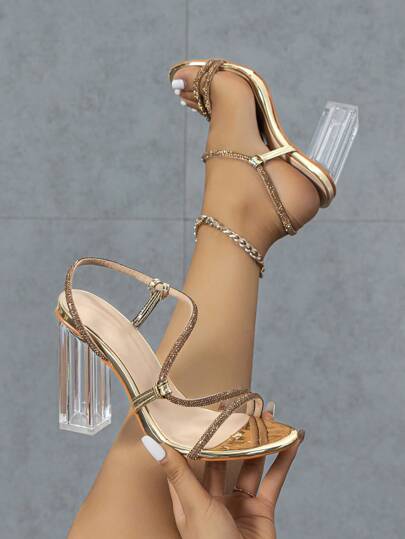 Sandalias de tiras con decoración de strass metálicos para mujer, sandalias glamorosas con tacón grueso transparente para primavera/verano
