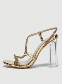Mujer Sandalias de color metálico con diseño de diamante de imitación de talón abierto transparente con tacón grueso atractivo
