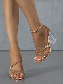 Mujer Sandalias de color metálico con diseño de diamante de imitación de talón abierto transparente con tacón grueso atractivo