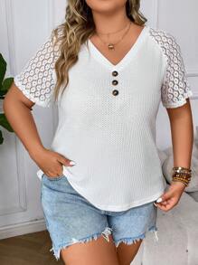 SHEIN LUNE Áo thun Plus size Tương phản ren màu trơn Giải trí - trắng - Xem 1