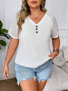 SHEIN LUNE Áo thun Plus size Tương phản ren màu trơn Giải trí - trắng - Xem 5
