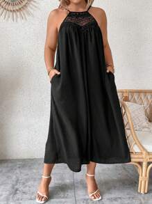 SHEIN LUNE Plus Size Contrast Guipure Lace Hidden Pocket Halter Dress - Black - View 1