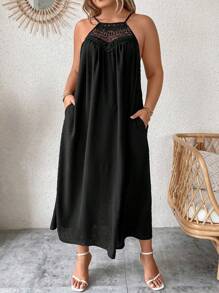 SHEIN LUNE Plus Size Contrast Guipure Lace Hidden Pocket Halter Dress - Black - View 6