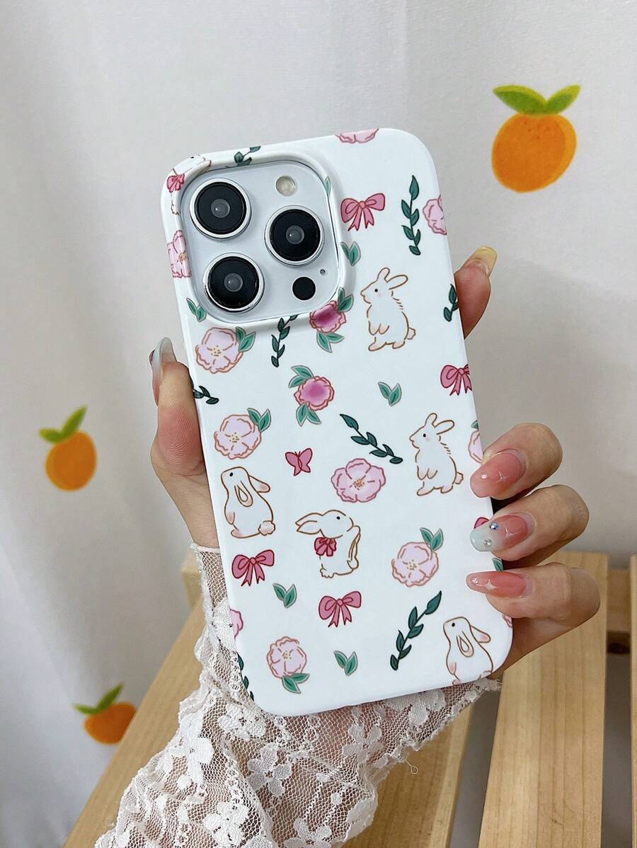 1pc Rabbit & Floral Pattern PC Phone Case