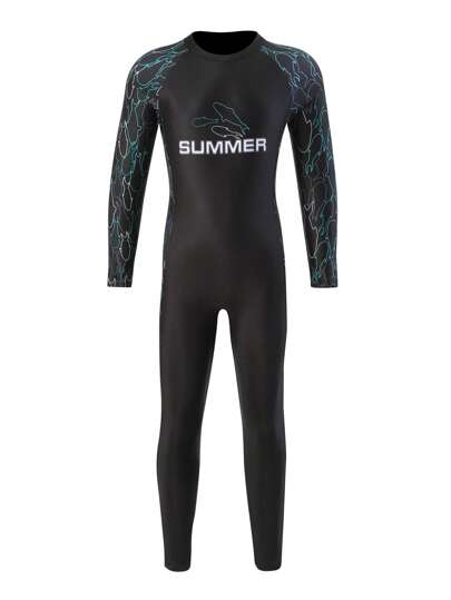 Tween Boy Letter Graphic High Neck Raglan Sleeve One Piece Swimsuit