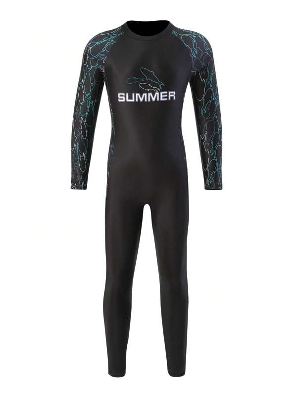 Costum de baie dintr-o bucată pentru băiat Tween Letter cu gât înalt cu mânecă raglan