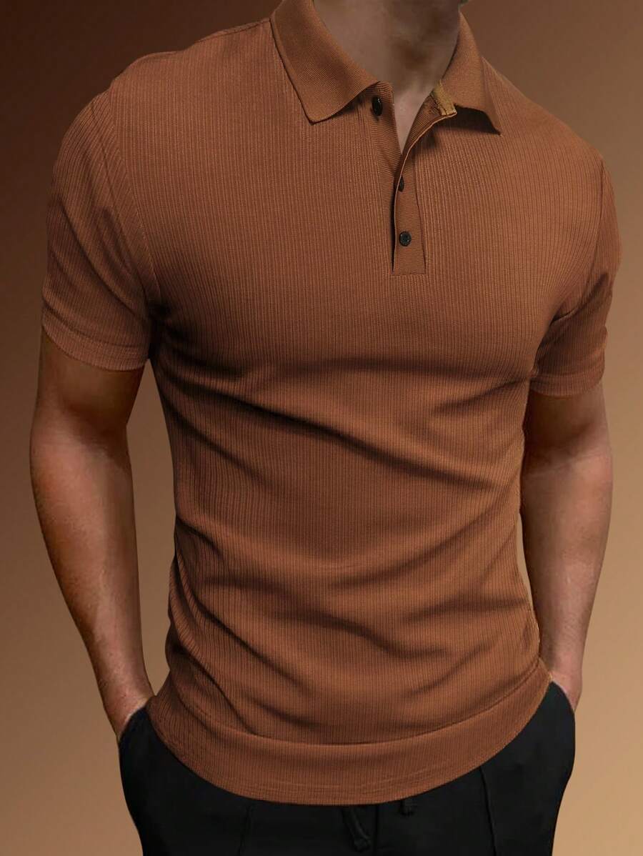 Manfinity Homme Áo thun có cổ Nam Nút phía trước màu trơn Giải trí - Cà phê nâu - Xem 1