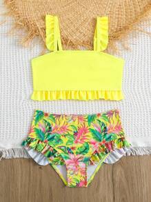 年轻女孩热带印花荷叶边比基尼套装夏季海滩