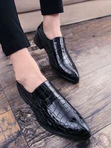 Men Crocodile Embossed Point Toe Slip On Dress Shoes, Work Black Dress Loafers