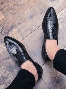 Men Crocodile Embossed Point Toe Slip On Dress Shoes, Work Black Dress Loafers