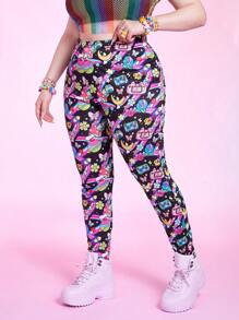 ROMWE Kawaii 大碼卡通圖案緊身打底褲 - 彩色 - 查看 5