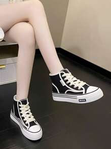 Sporty Skate Shoes For Women,Two Tone Letter Patch Decor Lace-up Front Sneakers