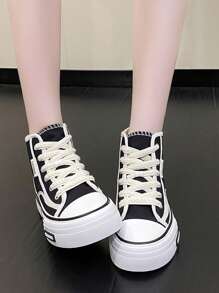 Sporty Skate Shoes For Women,Two Tone Letter Patch Decor Lace-up Front Sneakers