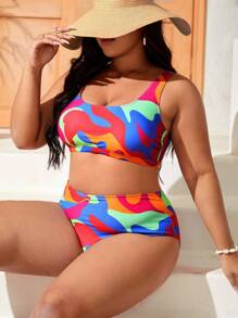 SHEIN Swim Curve Plus Size Allover Print Bộ bikini cạp cao đi biển mùa hè - Nhiều màu - Xem 3